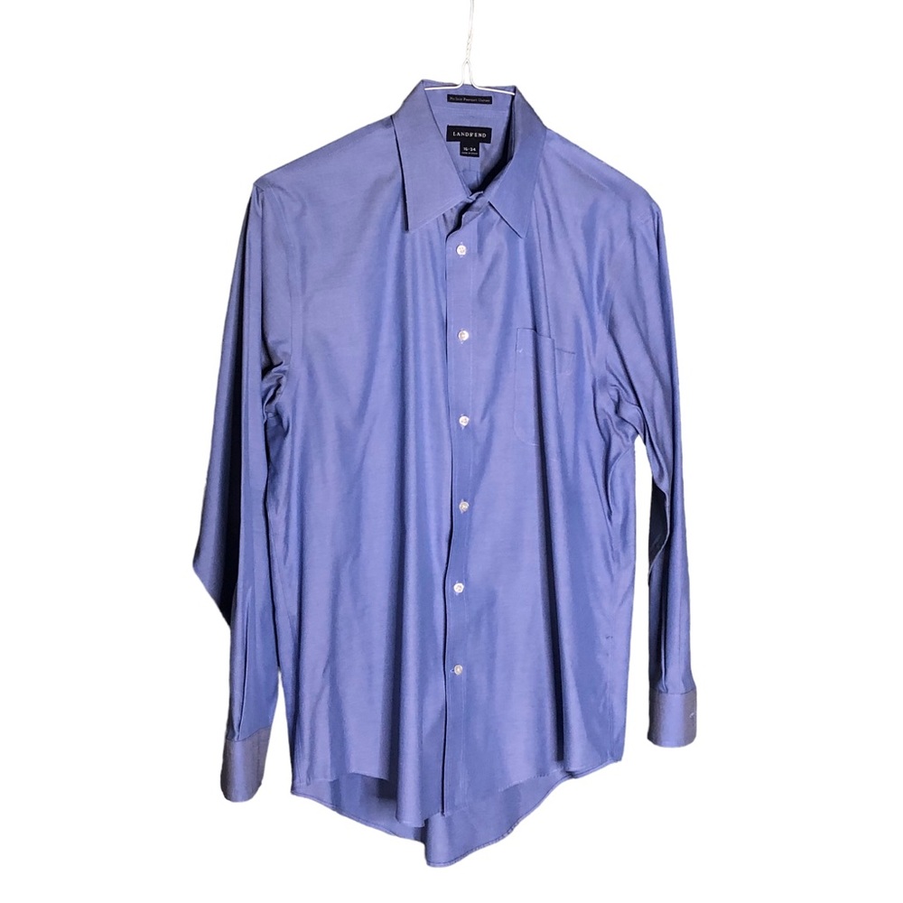 Men’s Lands’ End Solid Blue Long Sleeve No Iron Pinpoint Oxford Dress Shirt